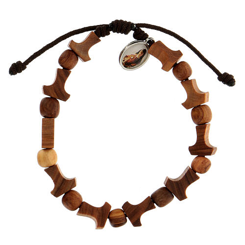 Wood Tau bracelet with medal Medjugorje brown rope 2