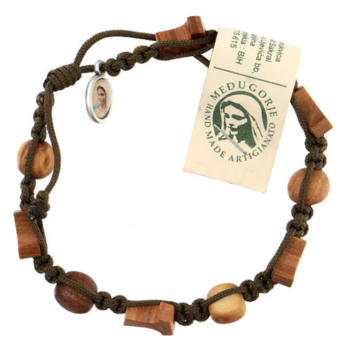 Bracelet with tau cross and medal in olive wood dark green rope Medjugorje 1