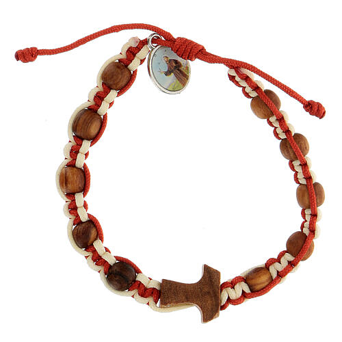 Child cross bracelet with tau cross and two-tone white and red rope 1