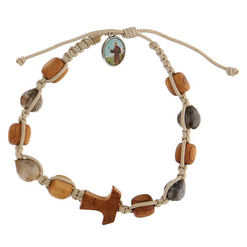 Tau cross bracelet with round beads dove gray rope Medjugorje 1