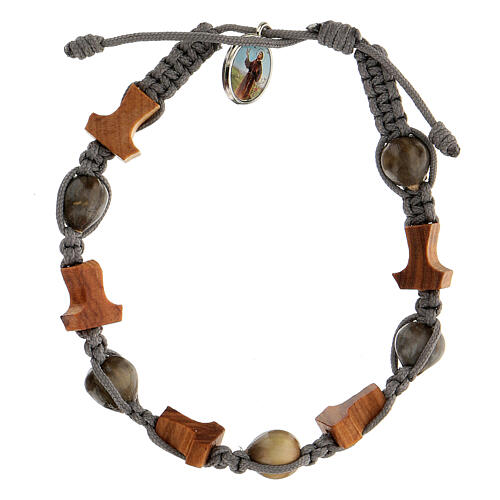 Tau cross bracelet with Job's Tear round beads Medjugorje gray rope 1
