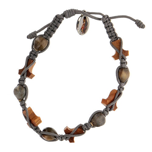 Tau cross bracelet with Job's Tear round beads Medjugorje gray rope 2