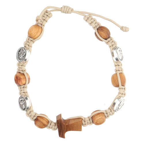 Saint Francis bracelet Medjugorje round beads, beige rope 1