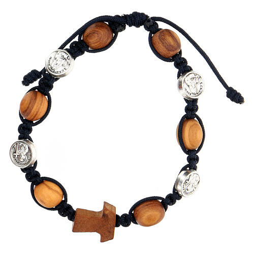 Medjugorje-Armband Heiliger Franz aus Olivenholz, blaue Schnur 1