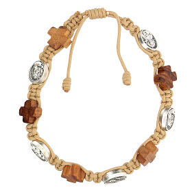 Bracelet olive wood beads medals crosses Medjugorje beige cord
