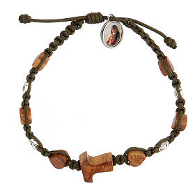 Medjugorje bracelet with dark green rope structure, with tau and wooden heart