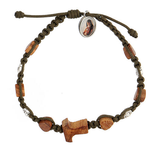 Tau cross bracelet with heart beads Medjugorje dark green rope 1