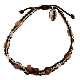 Tau cross bracelet heart beads beige-brown cord Medjugorje