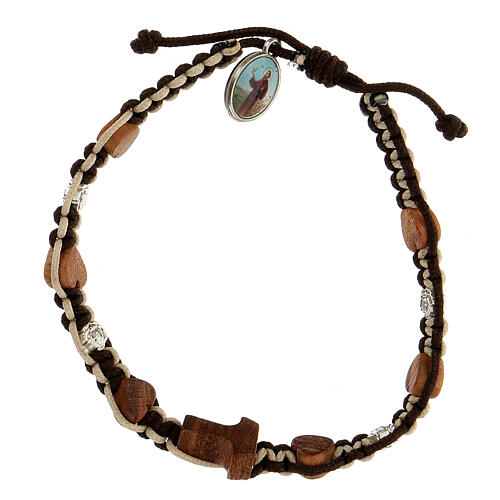 Tau cross bracelet heart beads beige-brown cord Medjugorje 1