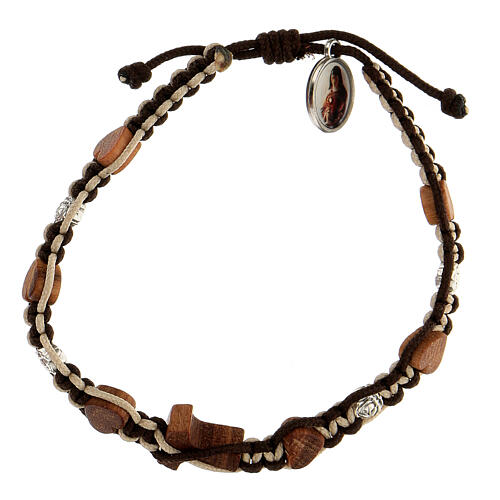 Tau cross bracelet heart beads beige-brown cord Medjugorje 2