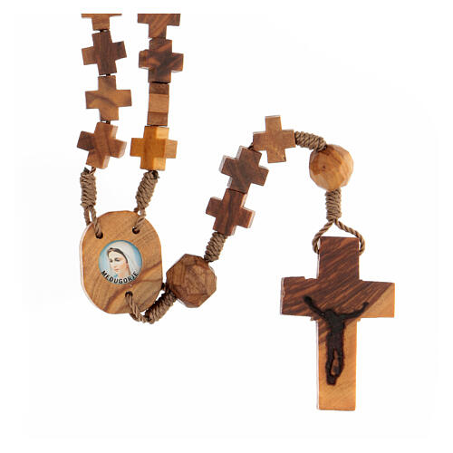 Olivewood rosary with cross-shaped beads and Our Lady of Medjugorje 1