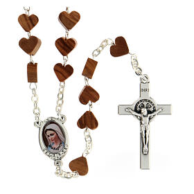 Olivewood rosary with heart-shaped beads, Virgin of Medjugorje and Saint Benedict
