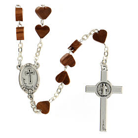 Olivewood rosary with heart-shaped beads, Virgin of Medjugorje and Saint Benedict