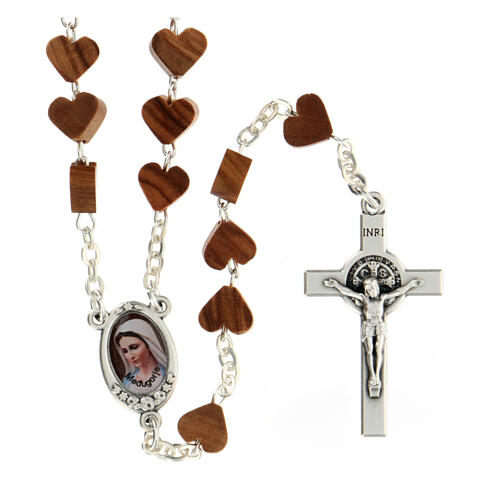 Olivewood rosary with heart-shaped beads, Virgin of Medjugorje and Saint Benedict 1