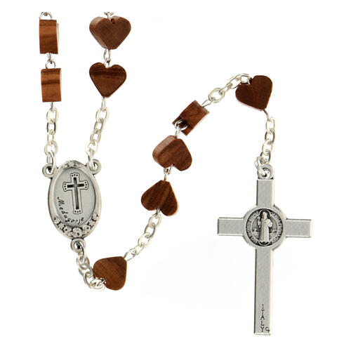 Olivewood rosary with heart-shaped beads, Virgin of Medjugorje and Saint Benedict 2