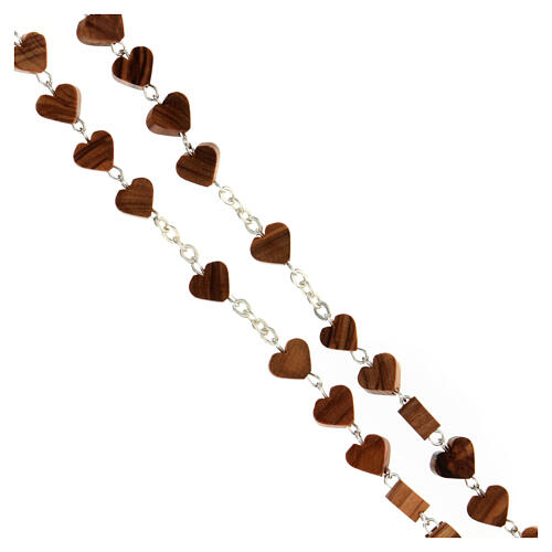 Olivewood rosary with heart-shaped beads, Virgin of Medjugorje and Saint Benedict 3