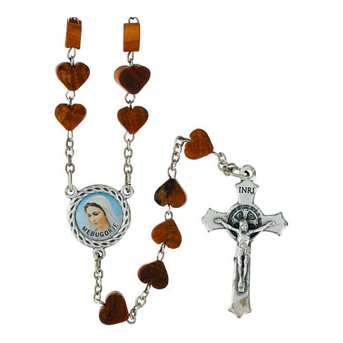 Olive wood rosary with heart beads Our Lady of Medjugorje St Benedict 1