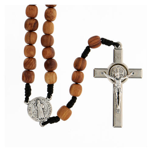 Olive wood rosary beads 7 mm with Saint Benedict medal cord 1