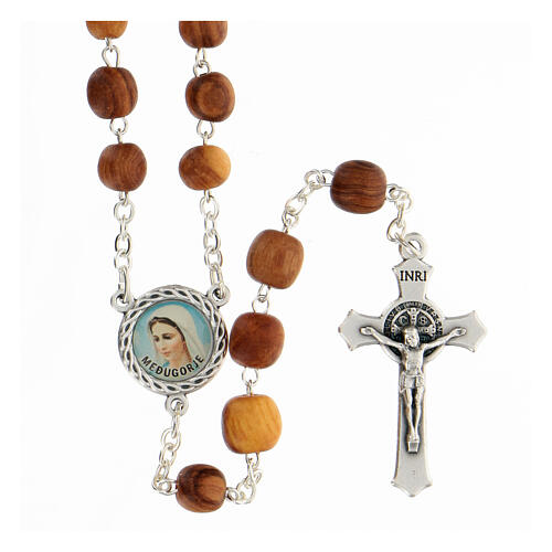 Olive wood rosary beads Our Lady of Medjugorje centerpiece Saint Benedict 7 mm 1