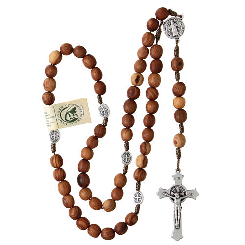Olive wood rosary St Benedict, 9 mm beads on cord 4