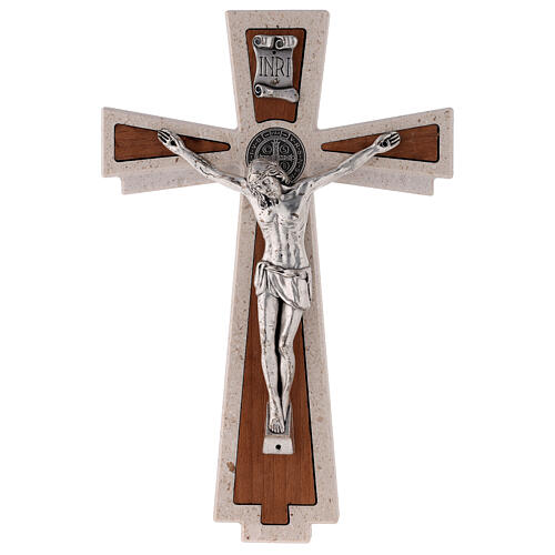 Medjugorje cross with Saint Benedict's cross, marble and wood, 23 cm 1