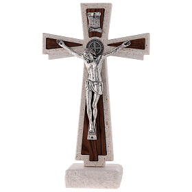 Standing Medjugorje crucifix with Saint Benedict's medal, marble, 24 cm