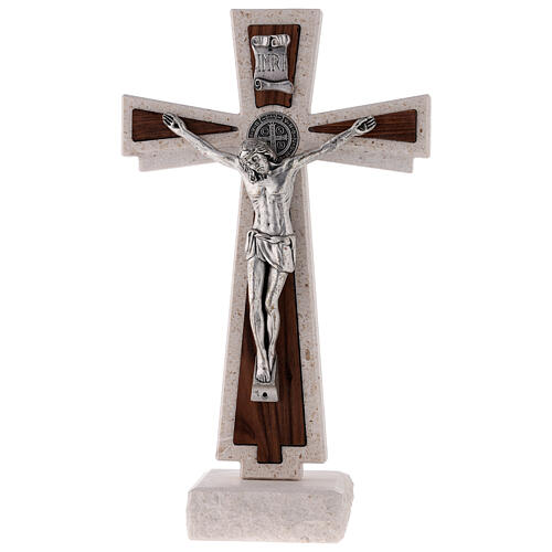 Standing Medjugorje crucifix with Saint Benedict's medal, marble, 24 cm 1