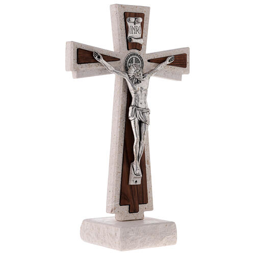 Standing Medjugorje crucifix with Saint Benedict's medal, marble, 24 cm 6