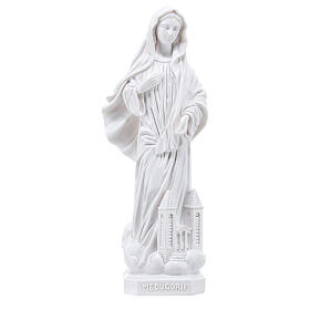 Statue of Our Lady of Medjugorje with Saint James church, 20 cm, white marble dust