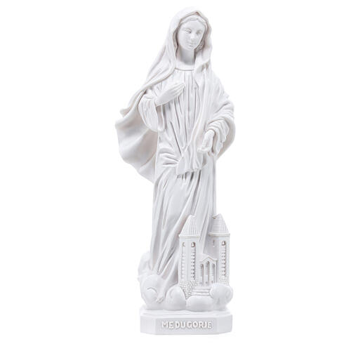 Statue of Our Lady of Medjugorje with Saint James church, 20 cm, white marble dust 1