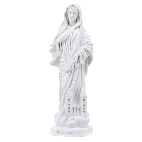 Statue of Our Lady of Medjugorje with Saint James church, 20 cm, white marble dust 2