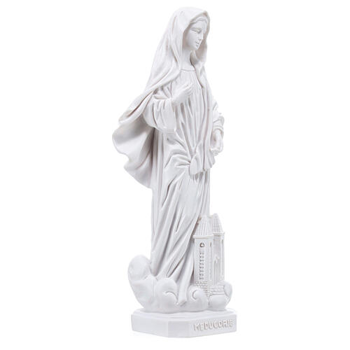 Statue of Our Lady of Medjugorje with Saint James church, 20 cm, white marble dust 3