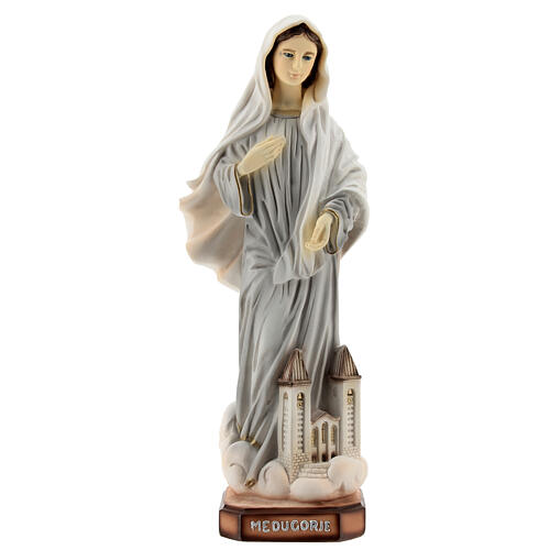 Imagem Nossa Senhora de Medjugorje pó de mármore pintado com igreja de São Tiago 21x8 cm 1