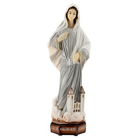 Our Lady of Medjugorje with church, grey dress and floaty veil, marble dust, 30 cm, OUTDOOR