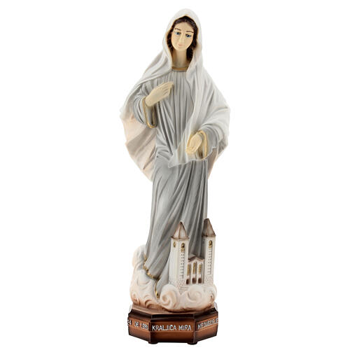 Our Lady of Medjugorje with church, grey dress and floaty veil, marble dust, 30 cm, OUTDOOR 1