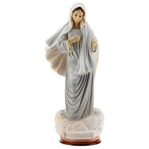 Imagem Nossa Senhora de Medjugorje túnica cinzenta e nuvem pó de mármore pintado à mão 19x8,5 cm 1