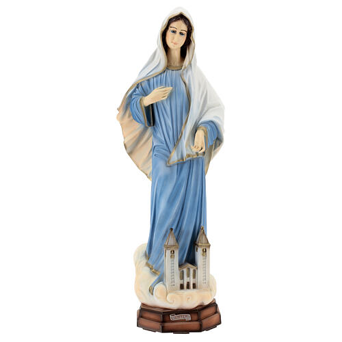 Our Lady of Medjugorje statue with church, marble dust, 60 cm, EXTERIOR 1