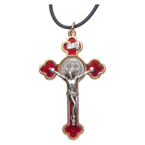 Necklace with St. Benedict Gothic cross, red 6x3cm 1