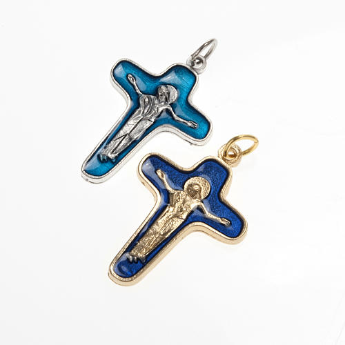 Wisiorek krzyż metal 34mm farba niebieska Maryja i Chrystus 1