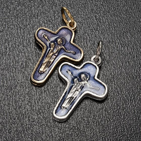 Wisiorek krzyż metal 25mm farba niebieska Maryja i Chrystus