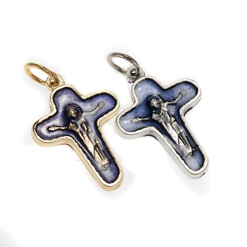 Wisiorek krzyż metal 25mm farba niebieska Maryja i Chrystus 1