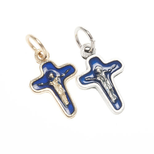 Pingente cruz metal 18 mm esmalte azul escuro Maria e Cristo 1