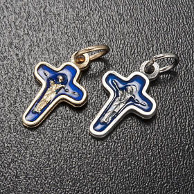 Pendant cross in metal and blue enamel, Mary and Christ 18mm