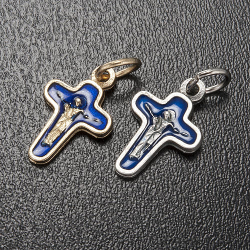 Pendant cross in metal and blue enamel, Mary and Christ 18mm 2