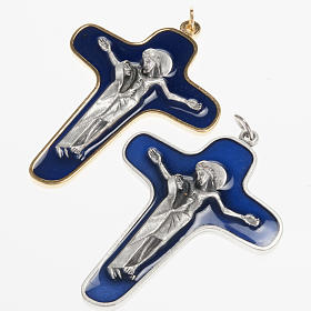 Crucifix métal vernis bleu, vierge et Christ 86 mm