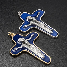 Wisiorek krzyż metal farba niebieska Maryja i Chrystus 86mm
