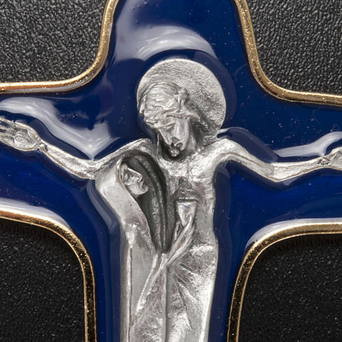 Wisiorek krzyż metal farba niebieska Maryja i Chrystus 86mm 3