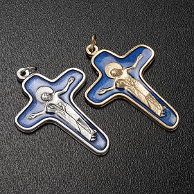 Pendant cross in metal blue enamel, Mary and Christ 47mm