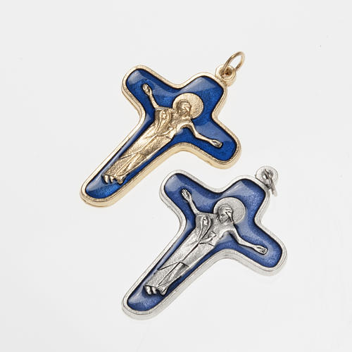 Pendant cross in metal blue enamel, Mary and Christ 47mm 1