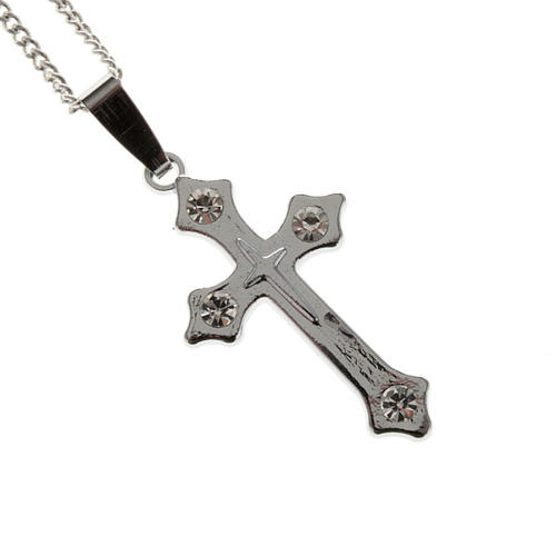 Cross pendant, trefoil in metal with rhinestones and chain 1